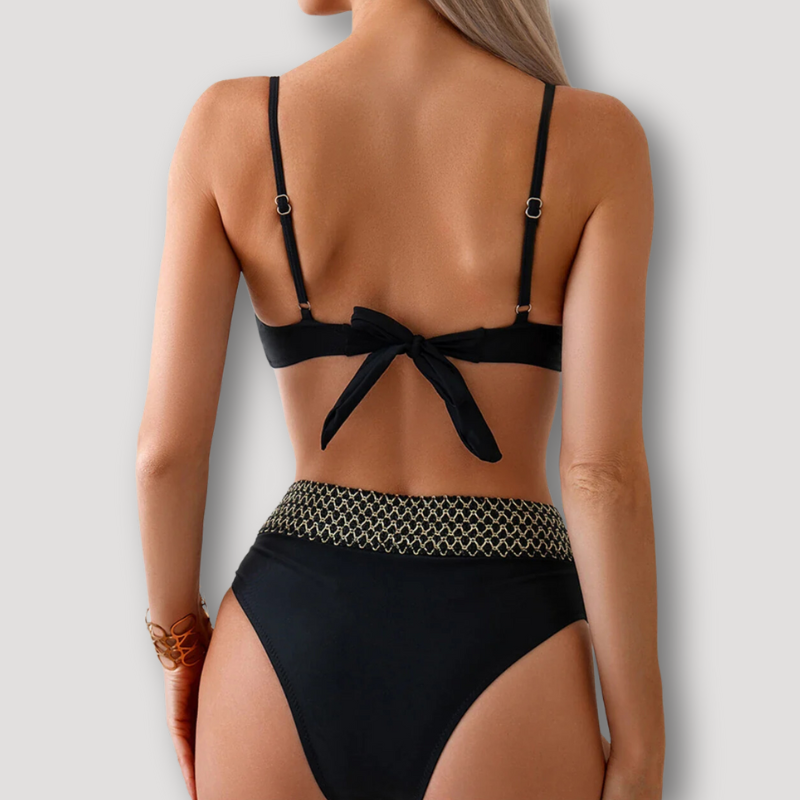 Chain Metal Link Straps Black High Waisted Bikini Set