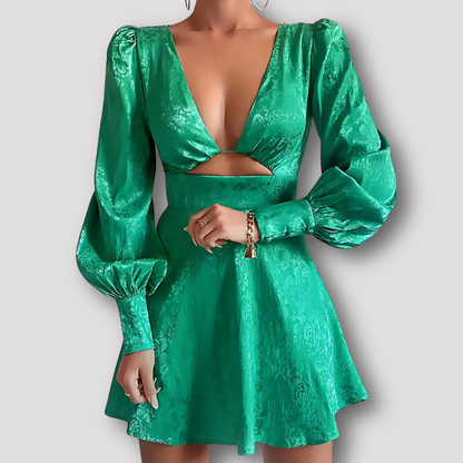 Deep V-neck Shine Long Puff Sleeve Cut-out Mini Dress Australia