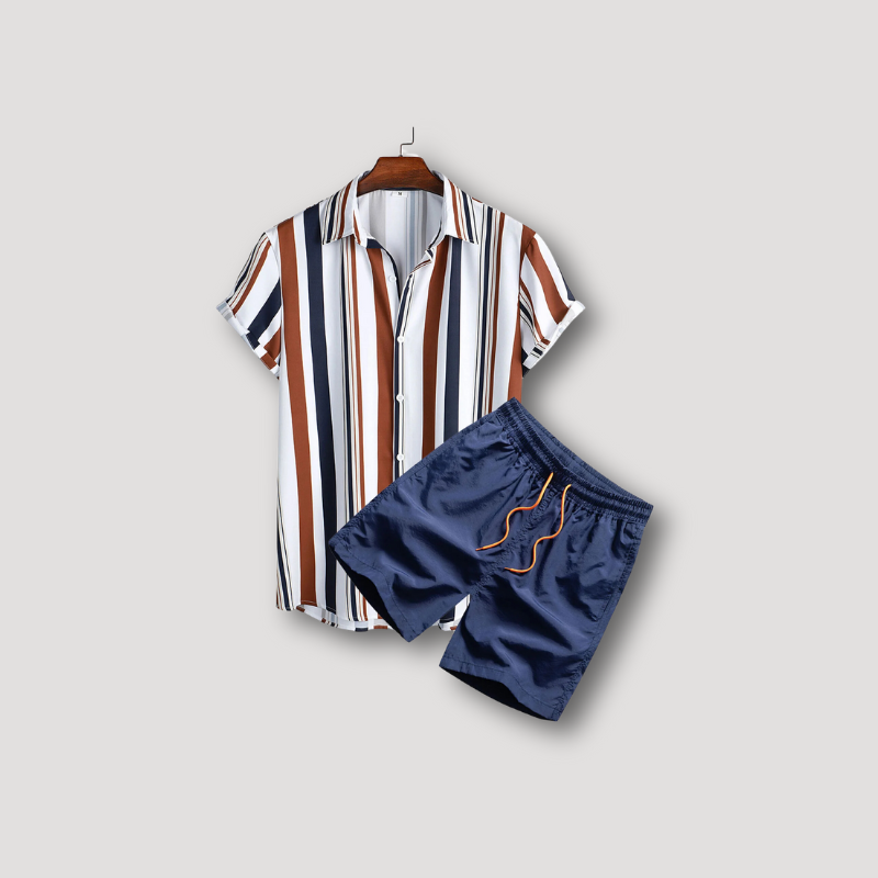 Striped Button Up Shirt & Swim Shorts 2 Piece Sets