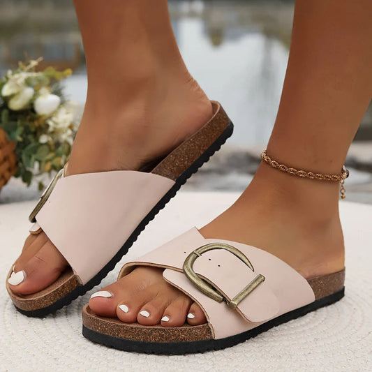 Comfortable Orthopedic Sandals - Slip On - Gold Tone Buckle - Non Slip Grip