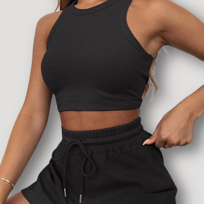 Sportwear Ribbed Knit Sleeveless Short And Crop Top 2 Piece Sets