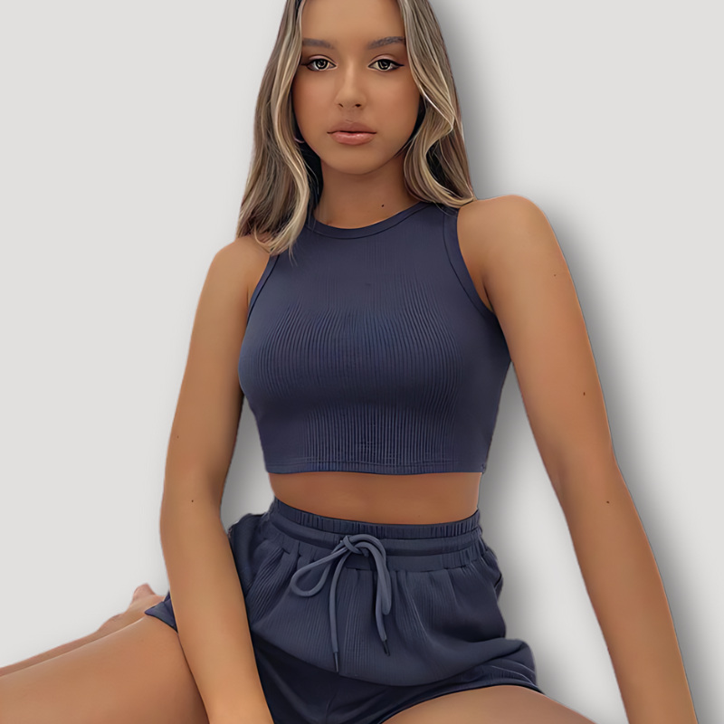 Sportwear Ribbed Knit Sleeveless Short And Crop Top 2 Piece Sets