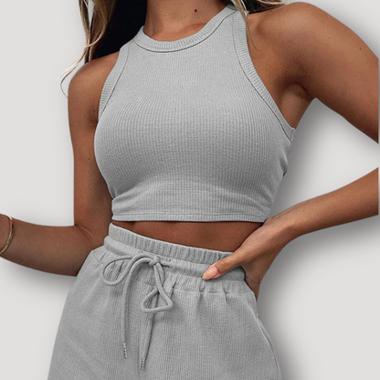 Sportwear Ribbed Knit Sleeveless Short And Crop Top 2 Piece Sets