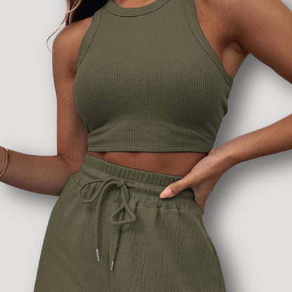 Sportwear Ribbed Knit Sleeveless Short And Crop Top 2 Piece Sets