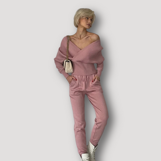 Off Shoulder Ribbed Knitted Spliced Top Jogger Pants Set for Women