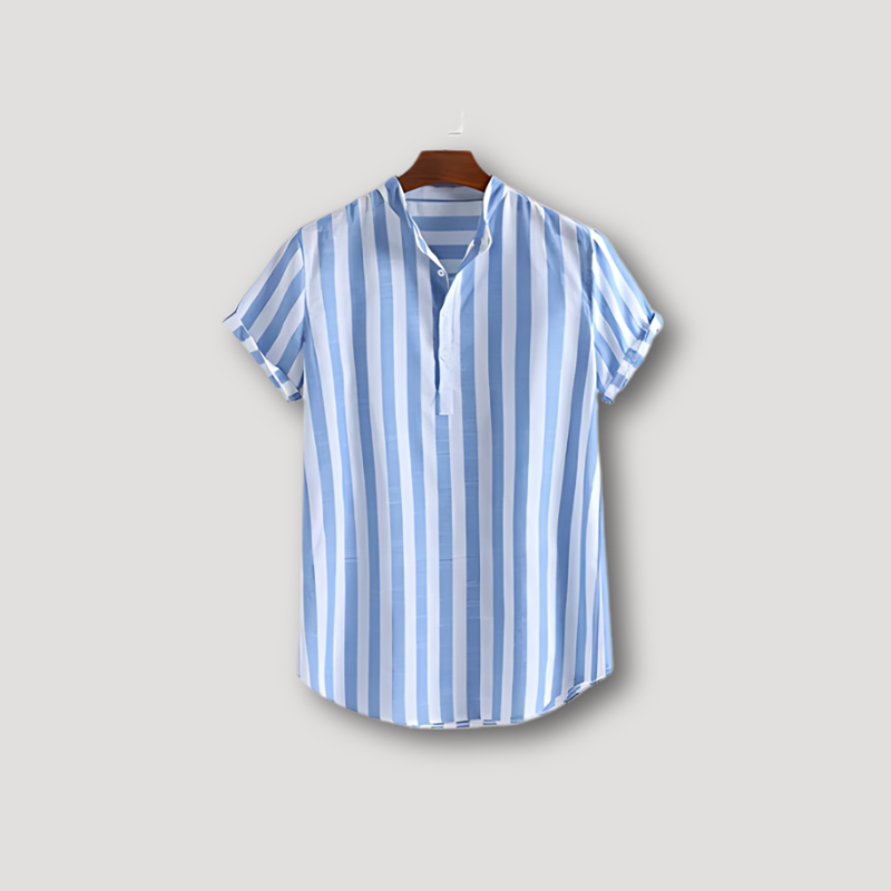 Vintage Striped Collarless Short Sleeve Shirts Men