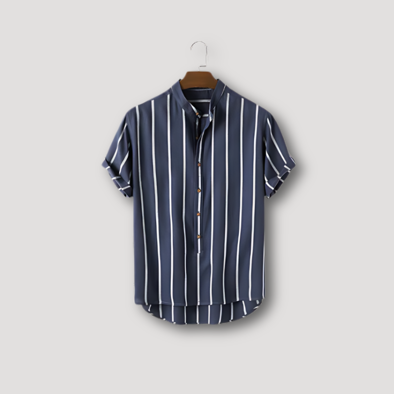 Vintage Striped Collarless Short Sleeve Shirts Men