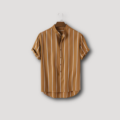 Vintage Striped Collarless Short Sleeve Shirts Men