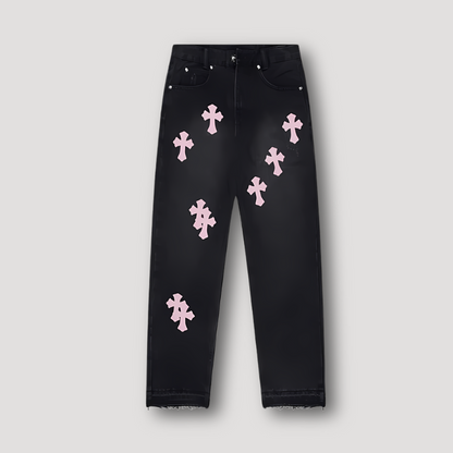 Cross Patches High Waisted Jeans Straight Leg