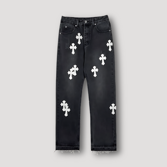 Cross Patches High Waisted Jeans Straight Leg