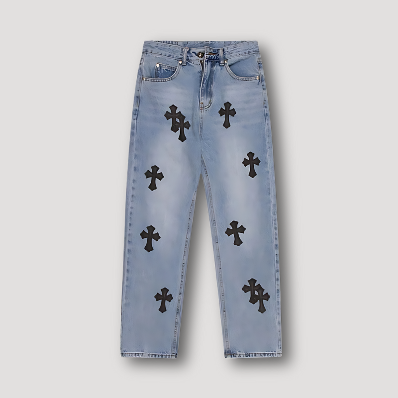 Cross Patches High Waisted Jeans Straight Leg