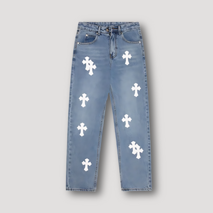 Cross Patches High Waisted Jeans Straight Leg