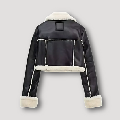 Shearling Lining Black Cropped Leather Jacket for Women