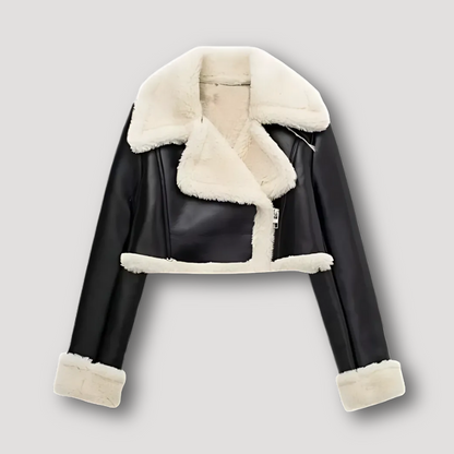 Shearling Lining Black Cropped Leather Jacket for Women