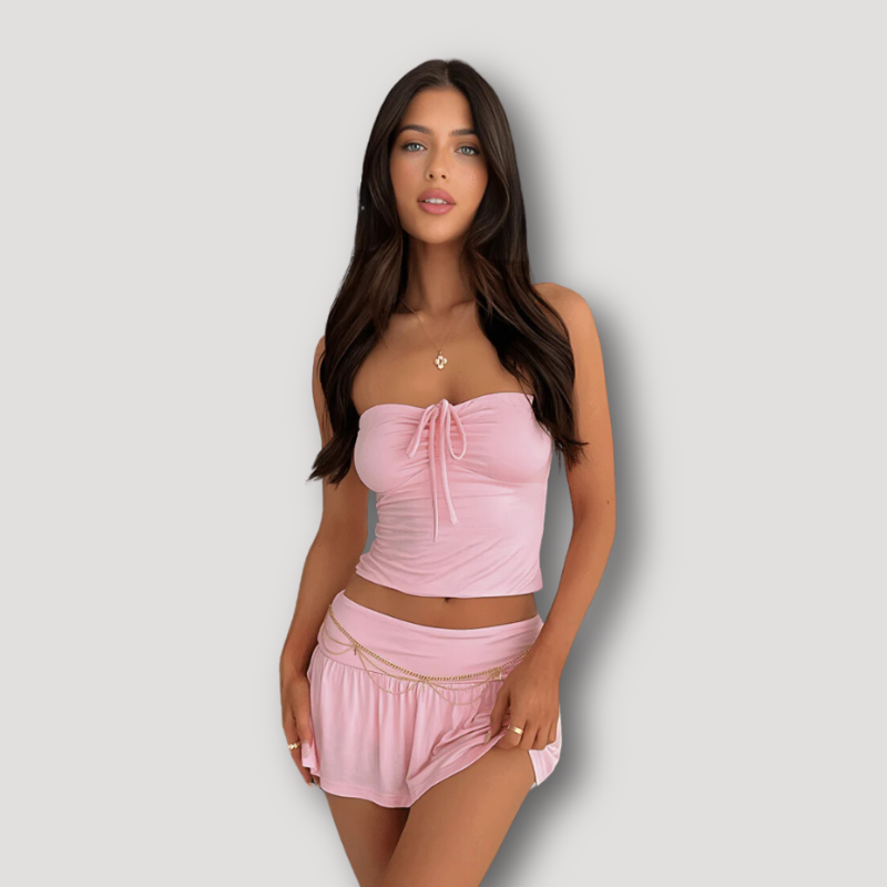 Strapless Cropped Tube Top And Mini Skirt Matching Set