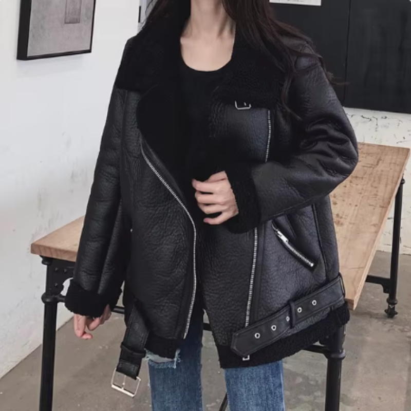 Faux Fur Lining Leather Aviator Jacket for Women