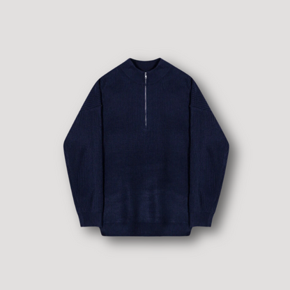 Rib Knit Quarter Zip Blue Knitted Sweater