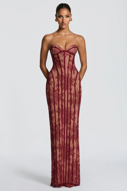 Off Shoulder Lace Maxi Dress Women – Sweetheart Neck – Burgundy Bodycon Evening Dress