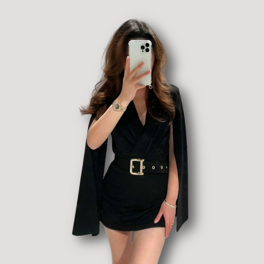 Long Slit Sleeve Wrap Cape Blazer Belted Mini Dress