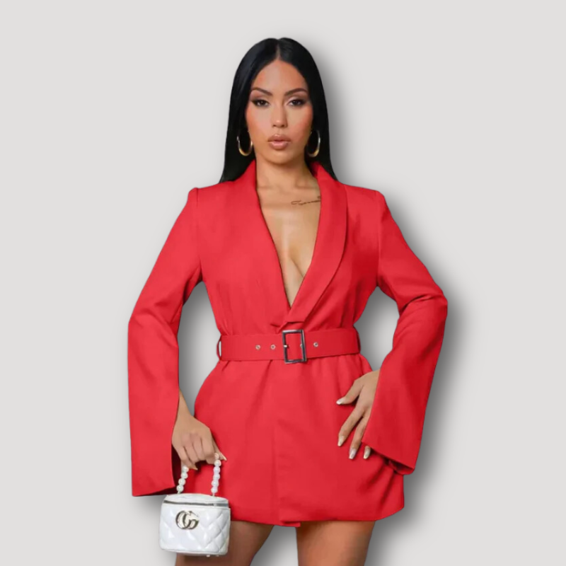 Long Slit Sleeve Wrap Cape Blazer Belted Mini Dress