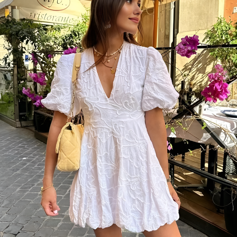 White Floral Embroidery Puff Sleeve Dress