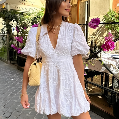 White Floral Embroidery Puff Sleeve Dress