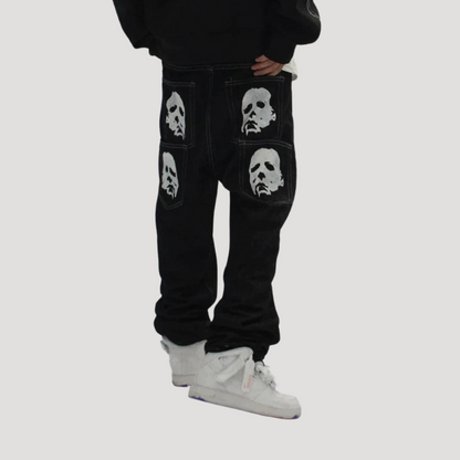 Creepy Faces Black Denim Jeans