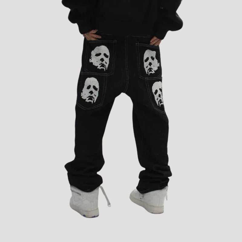 Creepy Faces Black Denim Jeans