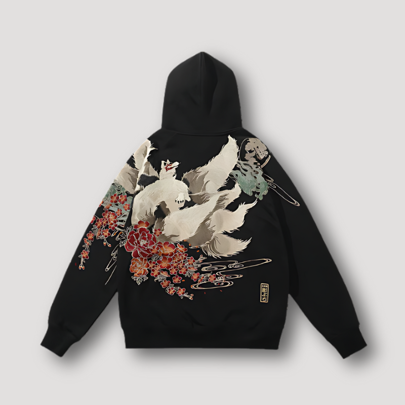 Floral Nine-Tailed Fox Kitsune Japanese Black Hoodie