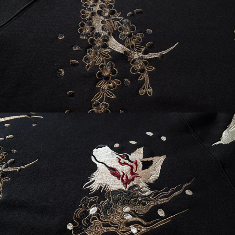 Floral Nine-Tailed Fox Kitsune Japanese Black Hoodie