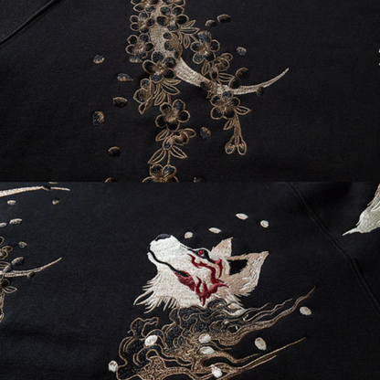 Floral Nine-Tailed Fox Kitsune Japanese Black Hoodie