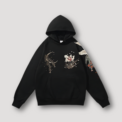 Floral Nine-Tailed Fox Kitsune Japanese Black Hoodie