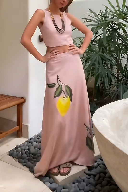 Falda Amalfi Print Skirt – Blush Pink, Lemon Embroidery, Flowy Midi Design