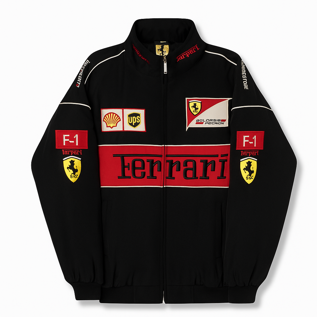 Vintage Ferrari Race Jacket - Men & Women – F1 Motorsport Style – Red Black White