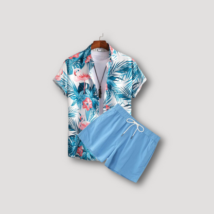 2 Piece Sets Floral Hawaiian Shirt & Elastic Waist Shorts on Men