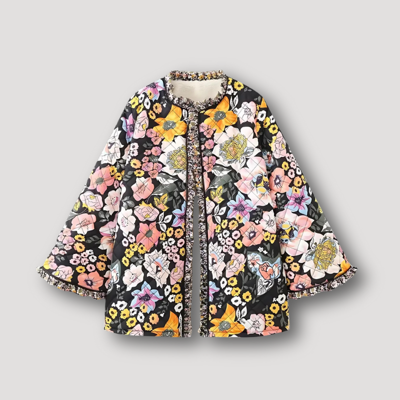 Floral Padded Ruffled Long Bell Sleeves Quilted Jacket Ladies