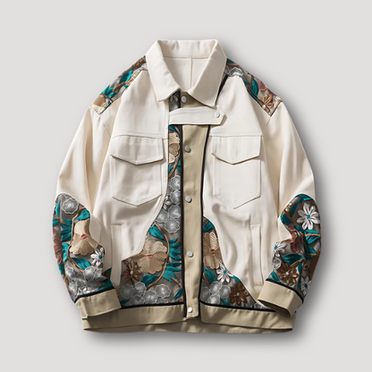 Embroidered Floral Patchwork Beige Oversized Jacket Women