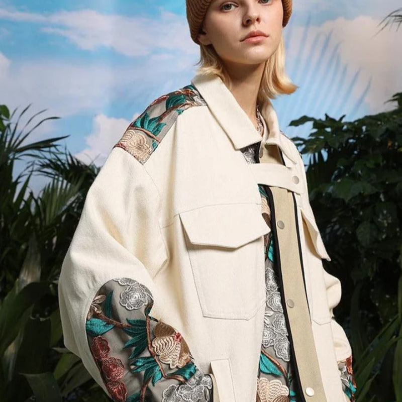 Embroidered Floral Patchwork Beige Oversized Jacket Women