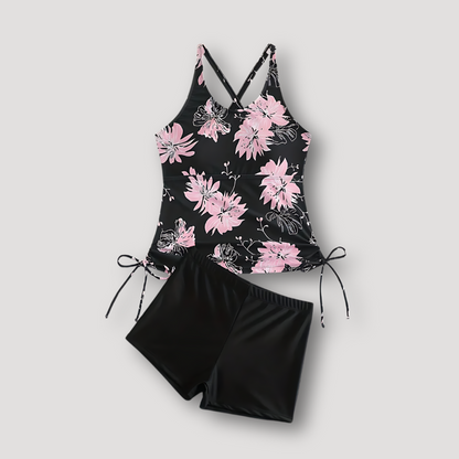 Round Neck Floral Print Tankini Bikini Set