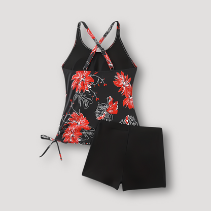 Round Neck Floral Print Tankini Bikini Set