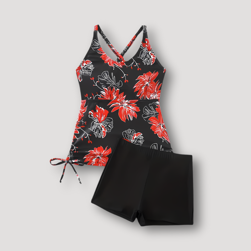 Round Neck Floral Print Tankini Bikini Set