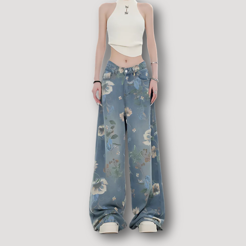 Floral Print Wide Leg Denim Women