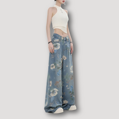 Floral Print Wide Leg Denim Women