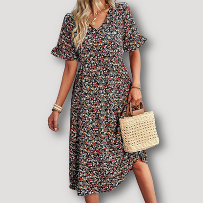 Ruffle Sleeve Floral V-Neck Flowy Midi Dress Australia