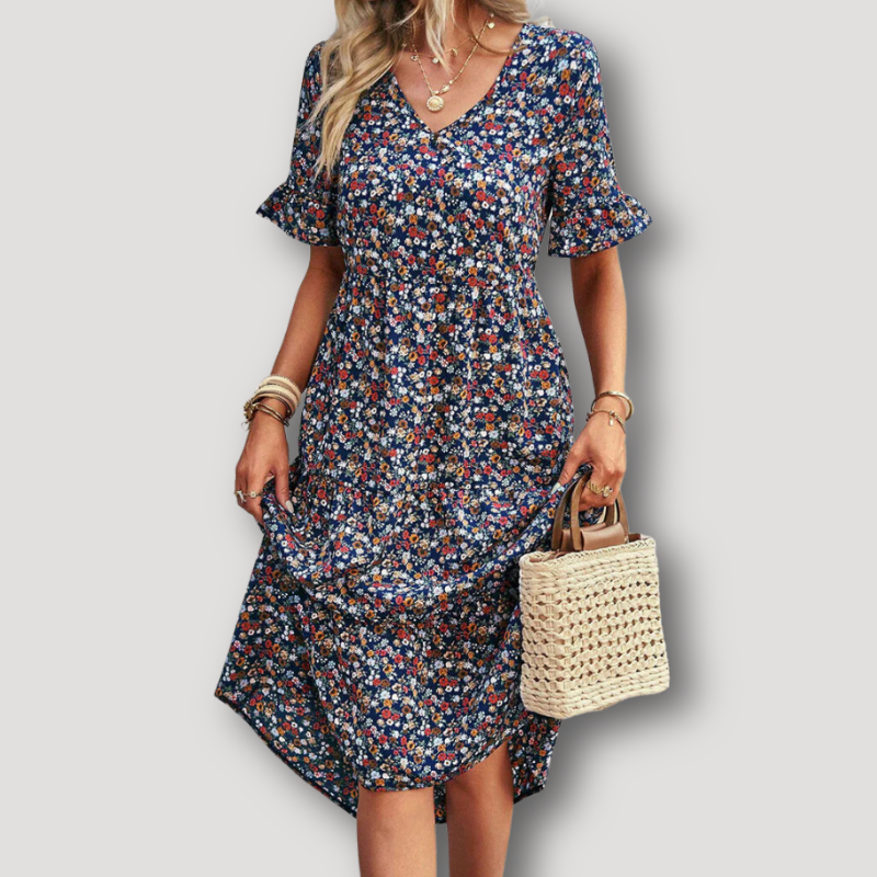 Ruffle Sleeve Floral V-Neck Flowy Midi Dress Australia