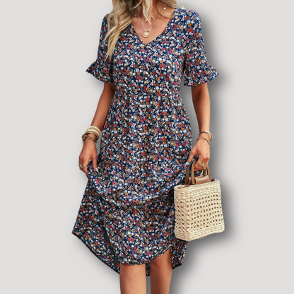 Ruffle Sleeve Floral V-Neck Flowy Midi Dress Australia