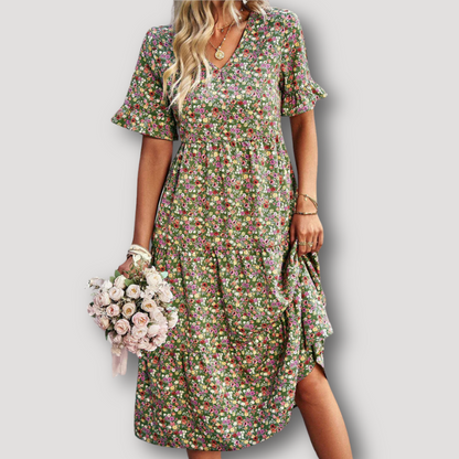 Ruffle Sleeve Floral V-Neck Flowy Midi Dress Australia