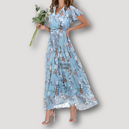 Flowy Floral Short Ruffled Sleeve Maxi Dress Australia