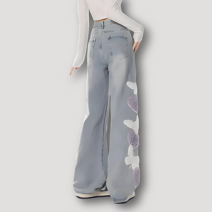 Fluffy Heart and Butterfly Patches Light Wash Grey Wide Leg Jeans Women