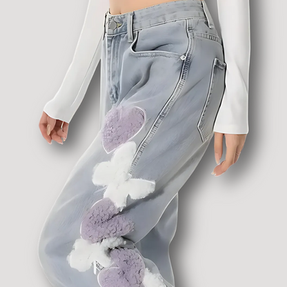 Fluffy Heart and Butterfly Patches Light Wash Grey Wide Leg Jeans Women